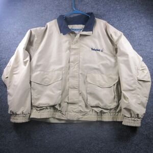 Timberland Bomber Jacket Mens XL Beige Cotton Full Zip Lined Embroidered Logo